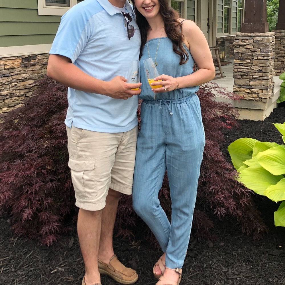 Faux denim jumpsuit.